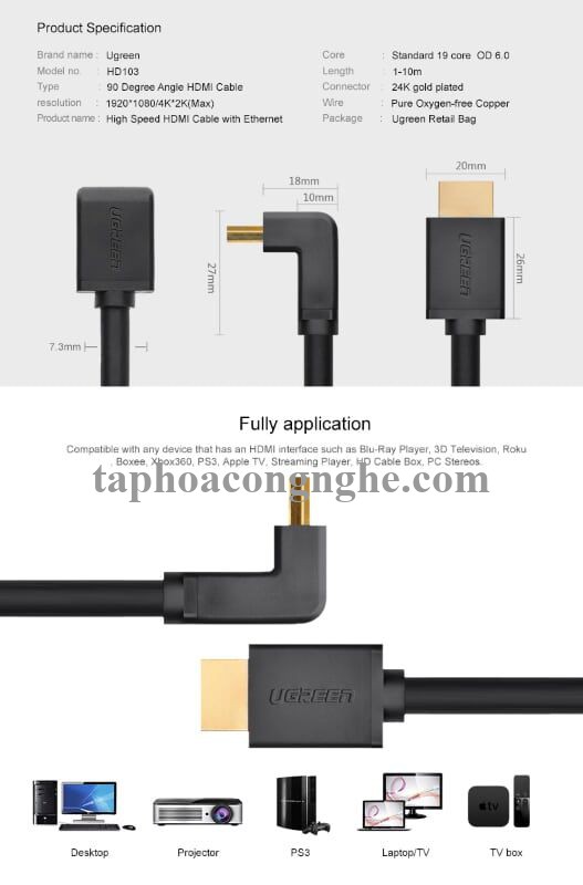 Ugreen 10122 3M màu Đen Cáp tín hiệu HDMI chuẩn 1.4 đầu bẻ góc 90 độ HD103 30010122
